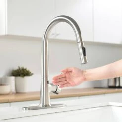 Single Handle Pull Down Sprayer Kitchen Faucet Touchless With Deck Plate In Brushed Nickel -Tahanbath brushed nickel pull down kitchen faucets x xy is1308 33ygnb 1d 70us 1f 1000