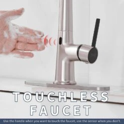 Single Handle Pull Down Sprayer Kitchen Faucet Touchless With Deck Plate In Brushed Nickel -Tahanbath brushed nickel pull down kitchen faucets x xy is1308 33ygnb 1d 70us 44 1000