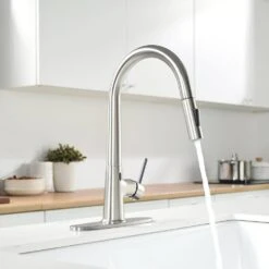 Single Handle Pull Down Sprayer Kitchen Faucet Touchless With Deck Plate In Brushed Nickel -Tahanbath brushed nickel pull down kitchen faucets x xy is1308 33ygnb 1d 70us 4f 1000
