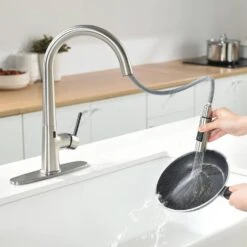 Single Handle Pull Down Sprayer Kitchen Faucet Touchless With Deck Plate In Brushed Nickel -Tahanbath brushed nickel pull down kitchen faucets x xy is1308 33ygnb 1d 70us 76 1000