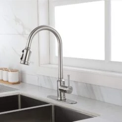 Single-Handle Touch High Arc Stainless Steel Pull Out Sprayer Kitchen Faucet In Brushed Nickel -Tahanbath brushed nickel pull out kitchen faucets d0102hpitdu kxc 44 1000