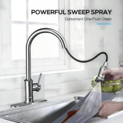 Single-Handle 3 Ways Setting Gooseneck Pull Out Sprayer Kitchen Faucet With Deckplate Included In Brushed Nickel -Tahanbath brushed nickel pull out kitchen faucets q dr wsbnau061100 31 1000