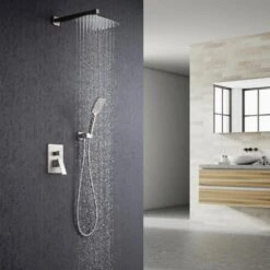 Rainfall 12 In. Square Shower Head Combo Set With Rough-in Valve Body And Trim Included In Brushed Nickel 15 Rainfall 12 In. Square Shower Head Combo Set With Rough-in Valve Body And Trim Included In Brushed Nickel -Tahanbath brushed nickel shower faucets w1194 d97202bn kxc 31 1000