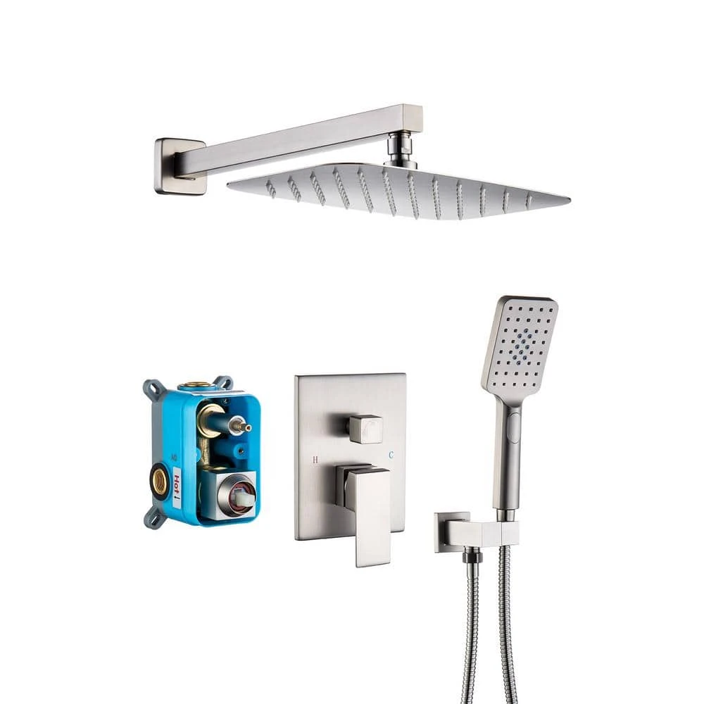 Rainfall 12 In. Square Shower Head Combo Set With Rough-in Valve Body And Trim Included In Brushed Nickel 1 Rainfall 12 In. Square Shower Head Combo Set With Rough-in Valve Body And Trim Included In Brushed Nickel
