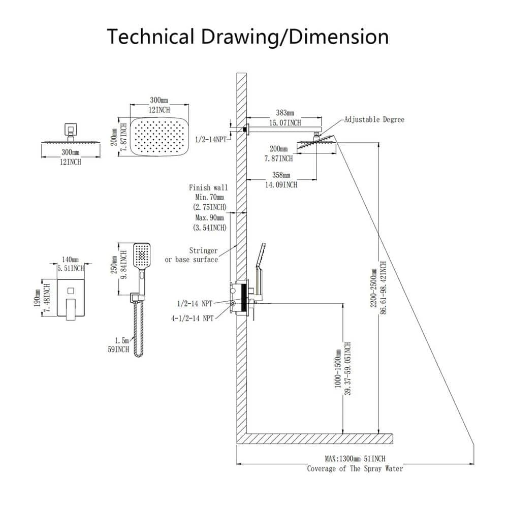 Rainfall 12 In. Square Shower Head Combo Set With Rough-in Valve Body And Trim Included In Brushed Nickel 2 Rainfall 12 In. Square Shower Head Combo Set With Rough-in Valve Body And Trim Included In Brushed Nickel - Image 2