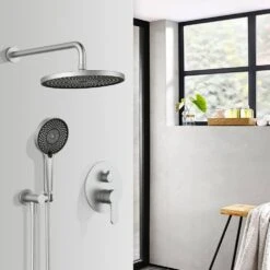 Single-Handle 3-Spray Round Ultra-thin Shower Faucet With 2 Way Pressure Balance Shower Valve Kit In Brushed Nickel -Tahanbath brushed nickel shower faucets w156667058 kxc 31 1000