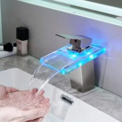 Single Handle Single Hole Bathroom Faucet With Deckplate Led Glass Faucet In Brushed Nickel -Tahanbath brushed nickel single hole bathroom faucets x xy 240 11n led us 31 1000