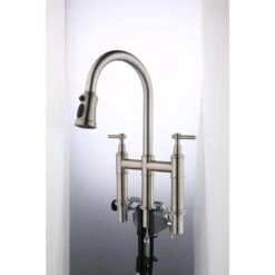 Single Handle Bridge Kitchen Faucet With Pull-Down Sprayhead In Spot In Brushed Nickel -Tahanbath brushed nickel tahanbath bridge kitchen faucets y w92850255 1f 1000