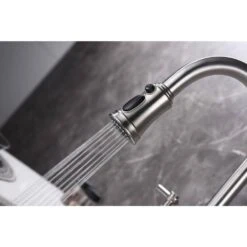 Single Handle Bridge Kitchen Faucet With Pull-Down Sprayhead In Spot In Brushed Nickel -Tahanbath brushed nickel tahanbath bridge kitchen faucets y w92850255 44 1000