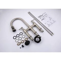 Single Handle Bridge Kitchen Faucet With Pull-Down Sprayhead In Spot In Brushed Nickel -Tahanbath brushed nickel tahanbath bridge kitchen faucets y w92850255 4f 1000