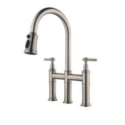Single Handle Bridge Kitchen Faucet With Pull-Down Sprayhead In Spot In Brushed Nickel