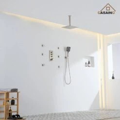 3-Spray 1.8 GPM 12 In. Ceiling Mount Dual Square Handheld Shower Set In Brushed Nickel -Tahanbath brushed nickel tahanbath dual shower heads z 102009bv 3 1f 1000