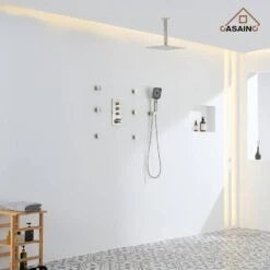 3-Spray 1.8 GPM 12 In. Ceiling Mount Dual Square Handheld Shower Set In Brushed Nickel -Tahanbath brushed nickel tahanbath dual shower heads z 102009bv 3 4f 1000