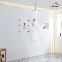 3-Spray 1.8 GPM 12 In. Ceiling Mount Dual Square Handheld Shower Set In Brushed Nickel -Tahanbath brushed nickel tahanbath dual shower heads z 102009bv 3 c3 1000