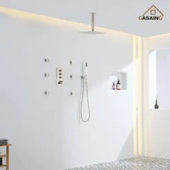 1-Spray 1.8 GPM High Pressure Ceiling Mount Dual Shower Head/Handheld Shower Combo In Brushed Nickel -Tahanbath brushed nickel tahanbath dual shower heads z 102009bv 4 4f 1000