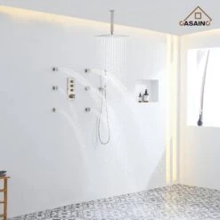 1-Spray 1.8 GPM High Pressure Ceiling Mount Dual Shower Head/Handheld Shower Combo In Brushed Nickel -Tahanbath brushed nickel tahanbath dual shower heads z 102009bv 4 c3 1000