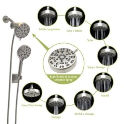 8-spray Dual 7 In. Wall Mount 1.8 GPM Shower Head And Handheld Shower Head In Brushed Nickel In Matte Black -Tahanbath brushed nickel tahanbath dual shower heads z w124362289 4f 1000