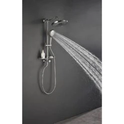 Single-Handle 4-Spray Shower Faucet 1.8 GPM With Pressure Balance Hand Shower And Soap Dish In. Brushed Nickel -Tahanbath brushed nickel tahanbath dual shower heads z w1272 81834 31 1000