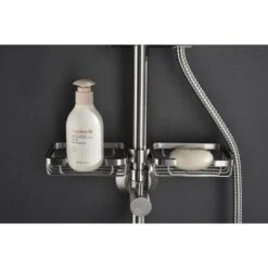 Single-Handle 4-Spray Shower Faucet 1.8 GPM With Pressure Balance Hand Shower And Soap Dish In. Brushed Nickel -Tahanbath brushed nickel tahanbath dual shower heads z w1272 81834 fa 1000