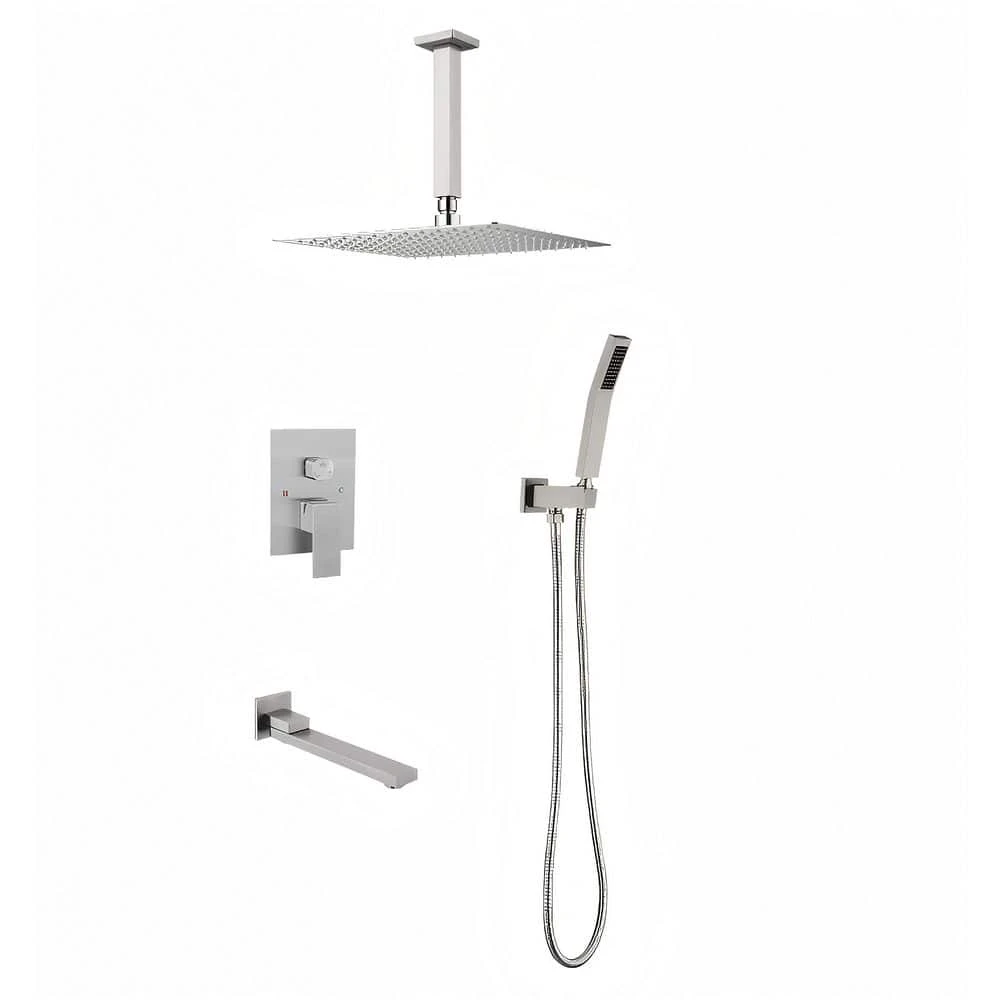 2-Spray 2 GPM Rectangle Ceiling Mounted Dual Shower System Combo Set With 16 In Shower Head In Brushed Nickel 1 2-Spray 2 GPM Rectangle Ceiling Mounted Dual Shower System Combo Set With 16 In Shower Head In Brushed Nickel