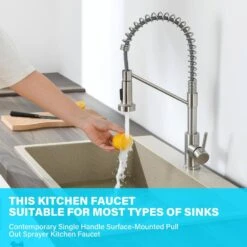 6.69 In. H Single Handle Pull Down Sprayer Kitchen Faucet Single Handle In Brushed Nickel With 360° Spout Swivel -Tahanbath brushed nickel tahanbath pull down kitchen faucets kt ct xy125533n 1f 1000