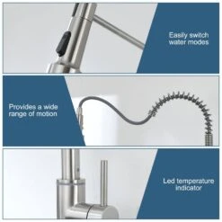 19.09 In. H Single Handle Pull Down Sprayer Kitchen Faucet With 360° Spout Swivel LED Light In Brushed Nickel -Tahanbath brushed nickel tahanbath pull down kitchen faucets kt ct xy1267led1d 4f 1000