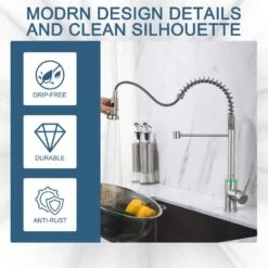 19.09 In. H Single Handle Pull Down Sprayer Kitchen Faucet With 360° Spout Swivel LED Light In Brushed Nickel -Tahanbath brushed nickel tahanbath pull down kitchen faucets kt ct xy1267led1d 66 1000