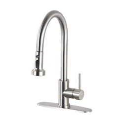 Single Handle Deck Mount Gooseneck Pull Down Sprayer Kitchen Faucet With Deckplate Included In Brushed Nickel