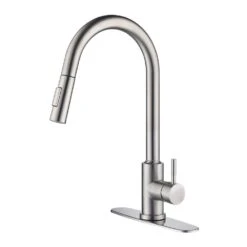 Single Handle Wall Mount Gooseneck Pull Down Sprayer Kitchen Faucet With Deckplate Included And Handle In Brushed Nickel