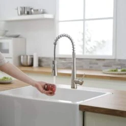 Single Handle Pull Down Sprayer Kitchen Faucet 15.2 In. 360 ° Spout Swivel Stainless Steel Taps In Brushed Nickel -Tahanbath brushed nickel tahanbath pull down kitchen faucets z 1340 33n ss us 44 1000