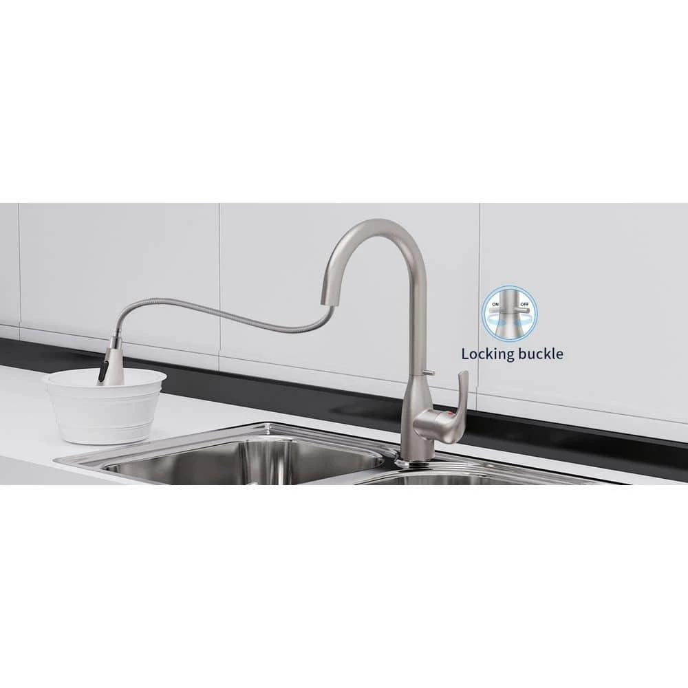 15.74 In. Kitchen Faucet With Pull Down Sprayer And 4-Spraying Modes Brushed Nickel 1 Or 3 Hole 360° Spout Swivel 5 15.74 In. Kitchen Faucet With Pull Down Sprayer And 4-Spraying Modes Brushed Nickel 1 Or 3 Hole 360° Spout Swivel - Image 5
