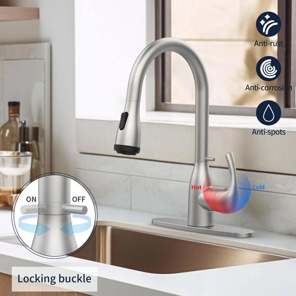 15.74 In. Kitchen Faucet With Pull Down Sprayer And 4-Spraying Modes Brushed Nickel 1 Or 3 Hole 360° Spout Swivel 9 15.74 In. Kitchen Faucet With Pull Down Sprayer And 4-Spraying Modes Brushed Nickel 1 Or 3 Hole 360° Spout Swivel - Image 9