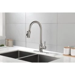 Single Handle High Arc Pull Out Kitchen Faucet, Single Level Stainless Steel Sink Faucets With Pull Down Sprayer -Tahanbath brushed nickel tahanbath pull down kitchen faucets z th9013ns 8 31 1000