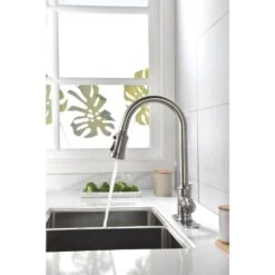 Single Handle High Arc Pull Out Kitchen Faucet, Single Level Stainless Steel Sink Faucets With Pull Down Sprayer -Tahanbath brushed nickel tahanbath pull down kitchen faucets z th9013ns 8 c3 1000