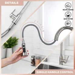 8.85 In Single Handle Stainless Steel Brushed Nickle Kitchen Faucets With 360° Spout Swivel Pull Down Sprayer -Tahanbath brushed nickel tahanbath pull down kitchen faucets z w1217p290527 44 1000