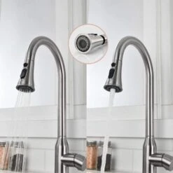 8.85 In Single Handle Stainless Steel Brushed Nickle Kitchen Faucets With 360° Spout Swivel Pull Down Sprayer -Tahanbath brushed nickel tahanbath pull down kitchen faucets z w1217p290527 76 1000