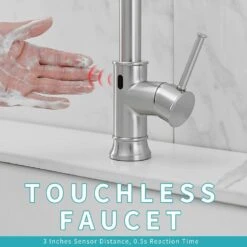 19 In Touchless Kitchen Faucet, Hands Free Automatic Smart 360 Degree Spout Swivel Kitchen Faucet In Brushed Nickel -Tahanbath brushed nickel tahanbath pull down kitchen faucets z w1932p154582 4f 1000