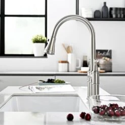 3 Hole Brushed Nickel Bridge Kitchen Faucet With Pull Down Sprayer, 2 Handle Faucet For Kitchen Sinks -Tahanbath brushed nickel tahanbath pull down kitchen faucets z w1932p186913 76 1000
