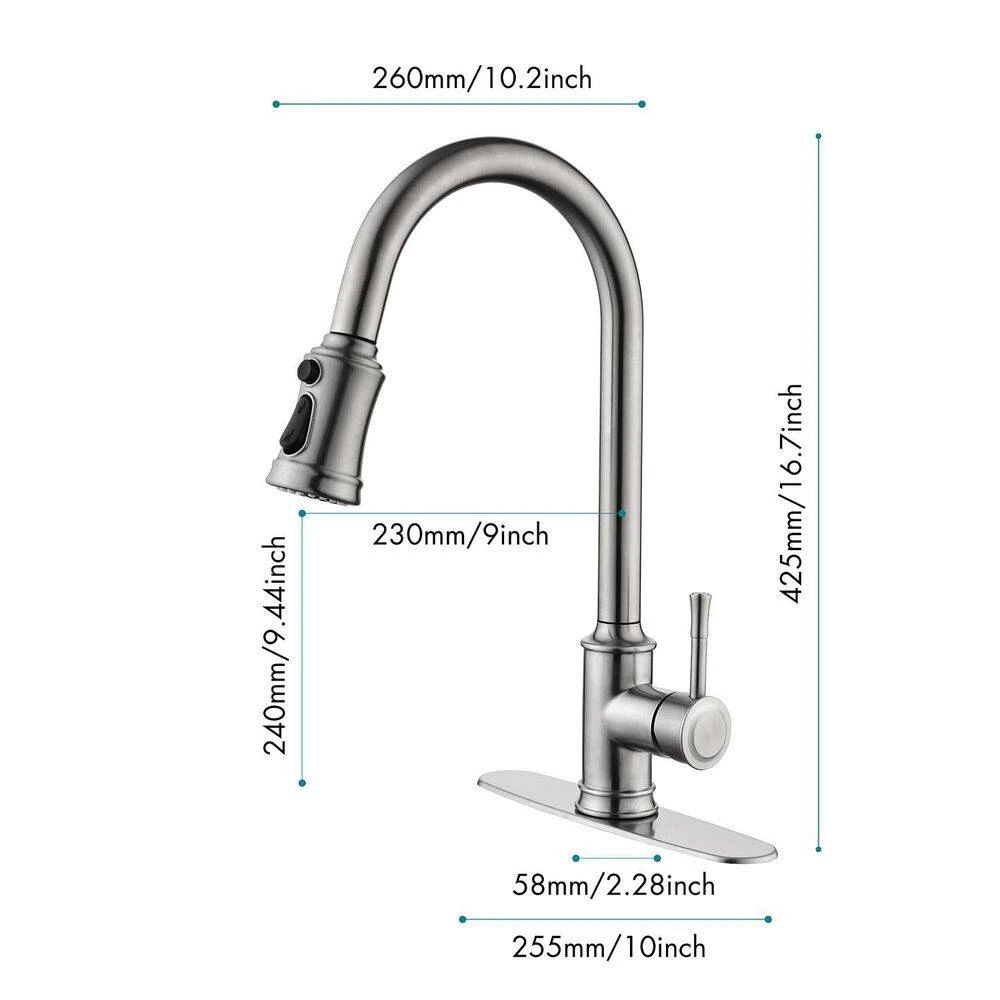 16.7 In. Single Handle Pull Out Kitchen Faucet In Brushed Nickel 360° Spout Swivel 5 16.7 In. Single Handle Pull Out Kitchen Faucet In Brushed Nickel 360° Spout Swivel - Image 5