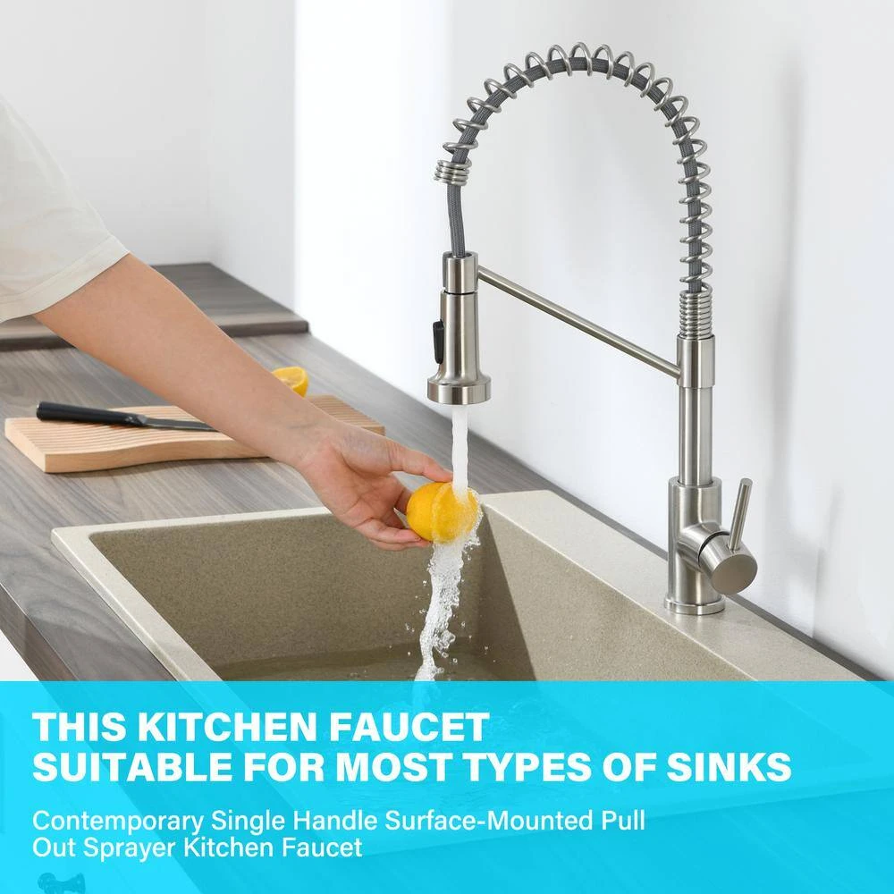 16.1 In. Single Handle Pull Down Sprayer Kitchen Faucet Single Handle 360° Spout Swivel In Brushed Nickel 5 16.1 In. Single Handle Pull Down Sprayer Kitchen Faucet Single Handle 360° Spout Swivel In Brushed Nickel - Image 5