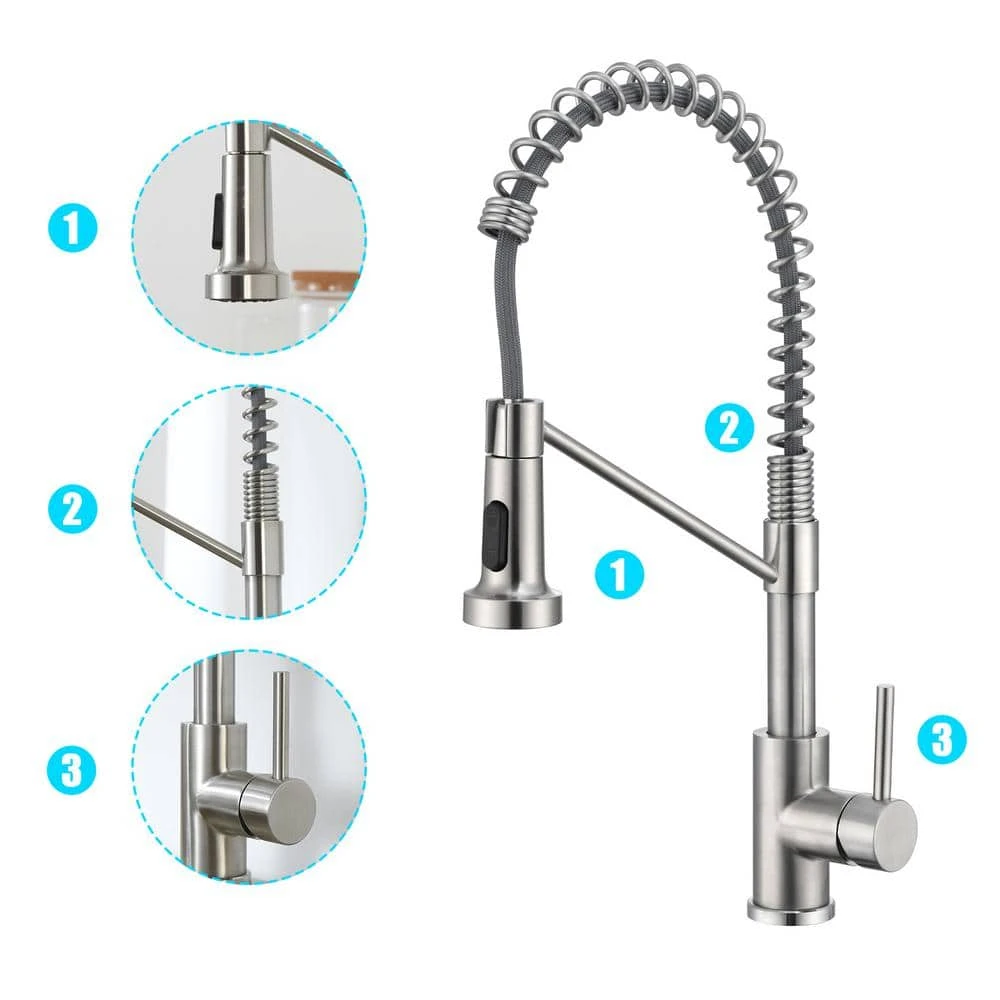 16.1 In. Single Handle Pull Down Sprayer Kitchen Faucet Single Handle 360° Spout Swivel In Brushed Nickel 4 16.1 In. Single Handle Pull Down Sprayer Kitchen Faucet Single Handle 360° Spout Swivel In Brushed Nickel - Image 4