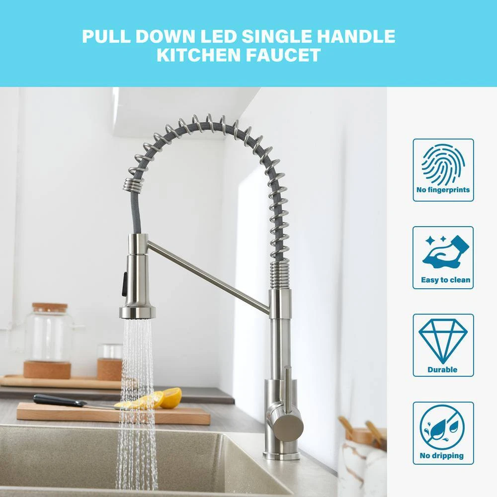 16.1 In. Single Handle Pull Down Sprayer Kitchen Faucet Single Handle 360° Spout Swivel In Brushed Nickel 3 16.1 In. Single Handle Pull Down Sprayer Kitchen Faucet Single Handle 360° Spout Swivel In Brushed Nickel - Image 3
