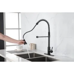 Commercial Spring Kitchen Faucets Matte Black With Pull Out Sprayer, Single Handle One Hole Kitchen Sink Faucet -Tahanbath brushed nickel tahanbath pull out kitchen faucets z th 4001mb9 fa 1000