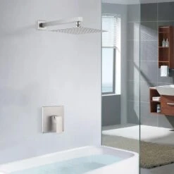 Single Handle 1-Spray Shower Faucet 2.5 GPM With WallMounted 10 In. Rain Shower Head Faucet In Brushed Nickel -Tahanbath brushed nickel tahanbath shower faucets kt ct pzz93101bn10 31 1000