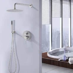2-Handle 1-Spray Round Faucet With 10 In. Rain Shower Headand Handheld Shower Head Set Valve Included In Brushed Nickel -Tahanbath brushed nickel tahanbath shower faucets ms a3584 bn kxc 31 1000