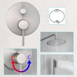 Double Handle 1-Spray Round Shower Faucet 2 GPM With 10 In. Rain Shower Head And Handheld In Brushed Nickel -Tahanbath brushed nickel tahanbath shower faucets z ct msa3584bn 1f 1000