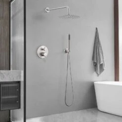 Double Handle 1-Spray Round Shower Faucet 2 GPM With 10 In. Rain Shower Head And Handheld In Brushed Nickel -Tahanbath brushed nickel tahanbath shower faucets z ct msa3584bn 31 1000