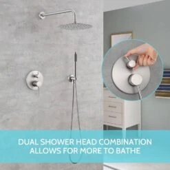 Double Handle 1-Spray Round Shower Faucet 2 GPM With 10 In. Rain Shower Head And Handheld In Brushed Nickel -Tahanbath brushed nickel tahanbath shower faucets z ct msa3584bn 44 1000