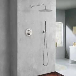 Double Handle 1-Spray Round Shower Faucet 2 GPM With 10 In. Rain Shower Head And Handheld In Brushed Nickel -Tahanbath brushed nickel tahanbath shower faucets z ct msa3584bn 77 1000