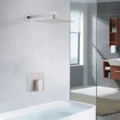 Single Handle 1-Spray Shower Faucet 2.5 GPM With Wall Mounted 10 In. Rain Shower Head Faucet In Brushed Nickel -Tahanbath brushed nickel tahanbath shower faucets z ct pzz93101bn10 31 1000